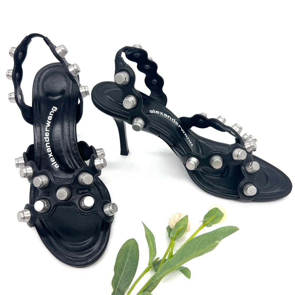 Alexander Wang Brushed Metal Stud Slingback Heel Black Sandals 7 (37) NWT